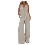 NSICBMNO Beige 2 Piece Outfits Women Linen Co Ord Sets V Neck Waistcoat Sleeveless Blazer Wide Leg Tailored Trousers Suits Summer Lounge Sets Casual Tracksuits Airport Travel Outfits With Pockets