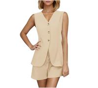 NSICBMNO Beige 2 Piece Outfits Women Shorts Co Ord Sets Summer Suits Sleeveless Waistcoat Button Up Vest Top Tailored Shorts Hot Pants Casual Outfits Summer Lounge Sets For Office Work Streetwear