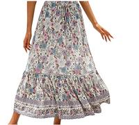NSICBMNO Beige Boho Skirts for Women UK Long Summer Skirts Elasticated Waist Floral Ladies Pleated Flared A Line Casual Tiered Ruffle Holiday Beach Skirt