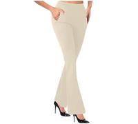 NSICBMNO Beige Flared Trousers Womens Straight Leg Joggers Tailored Trousers Bootcut Leggings High Waisted Leggings with Pockets Casual Tracksuit Bottoms Running Yoga Pants for Business Office Work