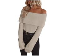 NSICBMNO Beige Knitted Jumpers for Women Off Shoulder Tops Ribbed Knit Sweater Cashmere Jumpers Ladies Long Sleeve Tunic Tops Pullover Slim Fit Jumper Elegant Bardot Top Sexy Going Out Blouse Shirt