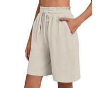 NSICBMNO Beige Linen Shorts Women Knee Length Summer Long Shorts Wide Leg Lounge Pants with Pockets Elasticated Waist Yoga Pants Drawstring Baggy Sweatpants Culottes for Holiday Beach Activwear