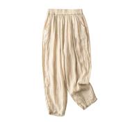 NSICBMNO Beige Lounge Pants Women Cotton Linen Trousers Baggy Summer Trousers Loose Casual Trousers with Pockets Elasticated Waist Trousers Ladies Cropped Trousers Slacks Beach Trousers Loungewear