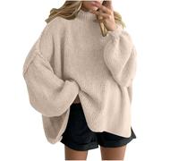 NSICBMNO Beige Oversized Jumper Women Batwing Tops Knitted Jumpers Mock Neck Sweatshirt Long Tunic Tops Ribbed Knit Sweater Long Sleeve Baggy Sweaters Pullover Casual Blouses Y2K Streetwear
