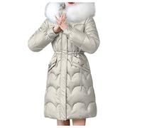 NSICBMNO Beige Puffer Jackets Women Long Winter Coats With Fur Hood Padded Jackets Parka Coat Zip Up Jacket Plus Size Puffer Coat Cotton Quilted Outdoor Down Padded Coats