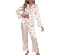 NSICBMNO Beige Satin Pyjamas For Women Lounge Wear Sets Love Heart Pjs Long Sleeve Pyjamas Button Up Shirts Straight Leg Trousers Long Pants Winter Pjs Co Ord Sets For Valentines Sleepwear Nightwear