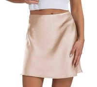 NSICBMNO Beige Satin Skirts for Women UK Mini Skirts Ladies Short Summer Pleated High Waisted A Line Drawstring Flowy Silky for Clubwear Dance Party