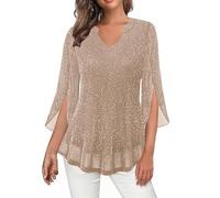NSICBMNO Beige Sparkly Tops for Women UK V Neck T Shirts 3/4 Sleeve Tunic Sequin Party Tops Glitter Blouse Sexy Going Out Top Mesh Tshirt Ladies Ruffle Blouses Flared Shirt for Evening Cocktail Club