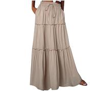 NSICBMNO Beige Summer Skirts for Women UK Long Pleated Skirts Ladies Elasticated Waist Boho Maxi Ruffle Tiered Flared A Line Long Gypsy for Holiday Beach