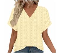 NSICBMNO Beige Summer Tops for Women UK Short Sleeve Blouses Eyelet Embroidery Top V Neck Tshirt Over Sized T Shirts Boho Tunics Baggy Tshirts Casual Loose Blouses for Holiday Beach Office Work