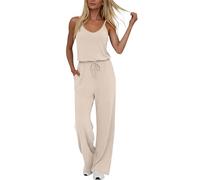 NSICBMNO Beige Tracksuit Womens Full Set Lounge Wear Sets One Piece Jumpsuit Camisole Tops Straight Leg Joggers Summer Coord Sets V Neck Vest Flared Trousers Casual Tracksuit Beach Vacation Outfits