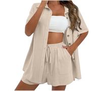 NSICBMNO Beige Two Piece Outfit Women Summer Co Ord Sets Short Sleeve Button Down Shirts Sports Shorts With Pockets Casual Tracksuit Tunic Tops Drawstring Sweatpants Travel Outfit Lounge Wear Sets