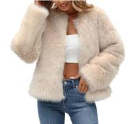 NSICBMNO Beige Women's Faux Fur Coat - Short Winter Fleece Jacket With Long Sleeve, Open Front, Trench Style - Warm Plush Cardigan, Fluffy Outwear Plus Size
