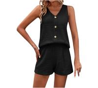 NSICBMNO Black 2 Piece Outfits Women Summer Co Ord Sets Casual Track Suit Button Up Vest Tops V Neck Tank Tops Hot Pants Running Shorts Loungewear Sets Travel Airport Outfits For Holiday Beach Work