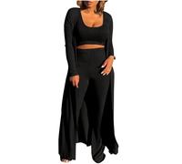 NSICBMNO Black Airport Outfit Women 3 Piece Outfits Ribbed Lounge Set Longline Cardigans Cropped Tank Tops Sports Bralette Elastic Waist Wide Leg Trousers Gym Outfits Casual Tracksuit Co Ord Sets