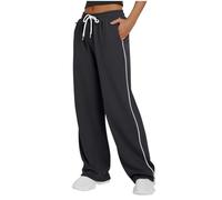 NSICBMNO Black Baggy Trousers Women Wide Leg Joggers with Pockets Drawstring Sweatpants Side Stripe Joggers Elasticated Waist Trousers Parachute Pants Y2K Cargo Harem Pants Jogging Bottoms