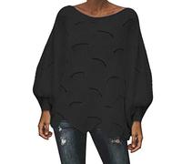 NSICBMNO Black Batwing Jumpers for Women UK Plus Size Crochet Jumper Oversized Jumper Round Neck Sweater Long Sleeve Tops Slouch Sweater Lightweight Knit Pullover Casual Streetwear