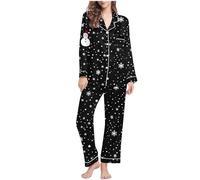 NSICBMNO Black Christmas Pyjamas Women 2 Piece Lounge Sets Long Sleeve Button Up Pjs Funny Christmas Shirts Long Pj Bottoms Santa Claus Snowflake Reindeer Pyjamas Xmas Outfits Loungewear Sleepwear