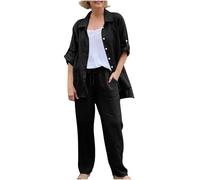 NSICBMNO Black Co Ord Sets For Women 2 Piece Outfits Oversized Button Up Shirts Wide Leg Trousers Ribbed Loungewear Sets Long Sleeve Tunic Tops Ruffle Hem Palazzo Pants For Holiday Beach Streetwear
