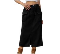 NSICBMNO Black Denim Skirts for Women UK Midi Skirts with Pockets Long Cargo Y2K Pencil Summer Split Elasticated Waist A Line Casual Wrok Streetwear