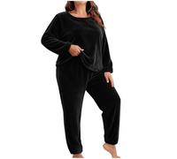 NSICBMNO Black Fleece Pyjamas Women Plus Size Two Piece Outfit Thermal Loungewear Sets Oversized Fleece Jumper Baggy Trousers Winter Co Ord Sets Velvet Tunic Top Long Pj Bottoms Fluffy Pjs Sleepwear