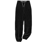 NSICBMNO Black Fleece Trousers Women Plus Size Thermal Trousers Drawstring Elasticated Waist Trouser Baggy Yoga Pants Ladies Fleece Pyjama Bottoms Fluffy Lounge Pants Winter Pj Bottoms with Pockets