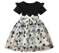 NSICBMNO Black Girls Prom Dress Long Tutu Dresses Short Sleeve Ribbed Dress Birthday Party Wedding Bridesmaid First Communion Dresses Dance First Communion Ball Gown for Age 3-10 Years