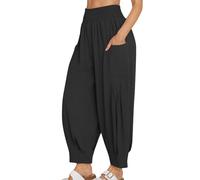 NSICBMNO Black Harem Pants Women Cotton Linen Trousers Wide Leg Yoga Pants with Pockets Elasticated High Waist Trousers Summer Baggy Sweatpants Cuffed Joggers Cargo Bottoms Loungewear Plus Size