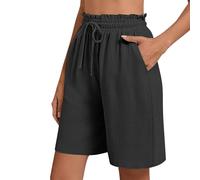 NSICBMNO Black Linen Shorts Women Knee Length Summer Long Shorts Wide Leg Lounge Pants with Pockets Elasticated Waist Yoga Pants Drawstring Baggy Sweatpants Culottes for Holiday Beach Activwear