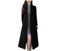 NSICBMNO Black Long Coat For Women Plus Size Overcoat With Side Pockets Longline Windbreaker Wool Blend Trench Coat Elegant Winter Coats Double Breasted Jacket Lapel Collar Cardigan Casual Blazer