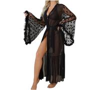 NSICBMNO Black Long Dressing Gowns For Women Uk Sexy Nightwear Sheer Mesh Lingerie Lace Dressing Gown Lightweight Bath Robes Housecoats Kimono Robes Long Sleeve Nightgowns Sheer Robe With Fur Trim