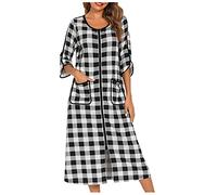 NSICBMNO Black Long Nightgowns For Women Zip Up Bathrobes Tartan Dressing Gown Lightweight Housecoats Short Sleeve Nighties Long Length Nightdresses Zip Front Dressing Gowns Nightwear With Pockets