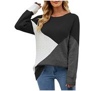 NSICBMNO Black Long Sleeve Tops for Women UK Oversized Jumper Ribbed Knitted Tops Crew Neck Jumper Cable Knit Sweater Colour Block Baggy Sweatshirt Pullover Tunic Casual Workwear