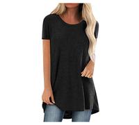 NSICBMNO Black Longline Tops for Women UK Plus Size Oversized T Shirts Ladies Long Tunics Summer Short Sleeve Tops Round Neck Tshirt Flowy Tshirt Loose Fit Blouses for Casual Work Gym Holiday Beach