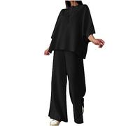 NSICBMNO Black Lounge Wear Sets For Women Summer Tracksuits 2 Piece Outfits Linen Co Ord Sets 3/4 Sleeve Tunic Tops Oversized T Shirts Wide Leg Pants Side Split Trousers Casual Outfits Plus Size