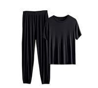 NSICBMNO Black Lounge Wear Sets For Women Uk Plus Size Modal Pyjamas Short Sleeve Tops Cropped Trousers Two Piece Outfit Casual Tracksuit Round Neck T Shirts Baggy Joggers Summer Outfits Sleepwear
