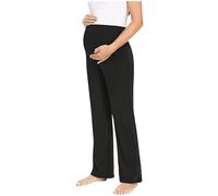 NSICBMNO Black Maternity Trousers for Women UK Wide Leg Trousers with Pockets Ladies Summer Stretchy Yoga Pants Loose Lounge Pants High Waisted Palazzo Pregnancy