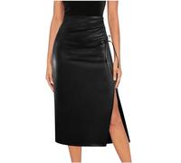 NSICBMNO Black Midi Pencil Skirt for Women UK - Long High Waisted PU Leather Skirt with Side Split, Drawstring, Bodycon Ruched Design for Office Work Streetwear