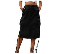 NSICBMNO Black Midi Skirts for Women UK Long Cargo Skirts with Pockets Knee Length Pencil Summer Skirt Casual Y2K High Waisted Jeans A Line Side Split Streetwear Skirt