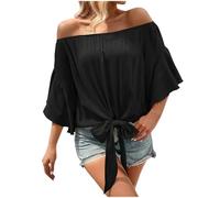 NSICBMNO Black Off The Shoulder Tops for Women Short Sleeve Blouses Batwing T Shirts Front Tie Blouse Oversized T Shirts Pleated Summer Tops Casual Loose Blouses for Holiday Beach Work Streetwear