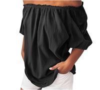 NSICBMNO Black Off The Shoulder Tops for Women Short Sleeve Blouses Plus Size Cotton Linen Casual Oversized Tunic Top Baggy T Shirts Ruched Summer Tops Loose Blouses for Going Out Y2K Holiday Beach