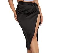 NSICBMNO Black Pencil Skirt for Women UK Long Satin Skirt Ladies Summer High Waisted Twist Front Bodycon Side Split Midi Ruched Casual for Holiday Beach