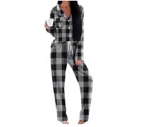 NSICBMNO Black Pjs For Women Sets Tartan Pyjamas With Pockets Button Up Pyjamas Long Sleeve Shirt Checked Pj Bottoms Winter Two Piece Outfit V Neck Blouses Long Pants Coord Sets Sleepwear Loungewear