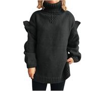 NSICBMNO Black Polo Neck Jumpers for Women UK Oversized Jumper Long Sweaters Chunky Knit Jumpers Ruffle Blouses Turtle Neck Long Sleeve Tops Ribbed Sweater Baggy Sweatshirt Pullover Tunic Tops