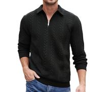 NSICBMNO Black Quarter Zip Jumper Men Knitted Jumper Long Sleeve Polo Shirts Thermal Henley Tops V Neck Quarter-Zip Sweatshirts Oversized Winter Polo Shirts Baggy Sweatshirt For Gym Running Golf