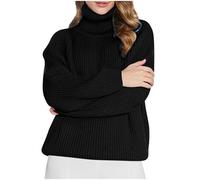 NSICBMNO Black Roll Neck Jumpers for Women UK Oversized Knitted Jumper Ribbed Sweater Long Sleeve Tops Ladies Ribbed Polo Neck Jumpers Chunky Knit Sweater Baggy Sweatshirt Tunic Blouses Plus Size