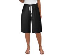 NSICBMNO Black Running Shorts Womens Wide Leg Lounge Pants Ladies Linen Knee Length Shorts Drawstring Joggers with Pockets Elastic Waist Trousers Workout Yoga Short Lounge Pants Baggy Sweatpants
