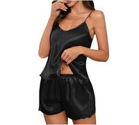 NSICBMNO Black Satin Pyjamas For Women Cami Short Pyjamas Set Lace Trim Cami Top Ruffle Shorts 2 Piece Summer Outfits Spaghetti Strap Tank Top Y2K Hot Pants Sexy Nightwear Silky Pjs Loungewear Sets