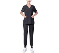NSICBMNO Black Scrubs Uniforms Women Set Plus Size 2 Piece Outfits Short Sleeve Tunic Tops Cuffed Joggers With Pockets V Neck T Shirts Elasticated Waist Trousers Nurse Outfits Lounge Wear Sets
