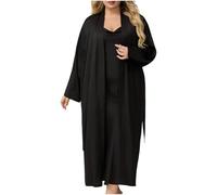 NSICBMNO Black Sexy Nightwear For Women Plus Size Silk Pyjamas Satin Nightie And Dressing Gown Set 2 Piece Outfits Long Chemise Matching Robe Set Teddy Lingerie Babydoll Nightdress Long Negligees
